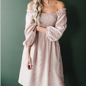 Saving Paige tan white diamond cottage core off shoulder Smocked Dress Small